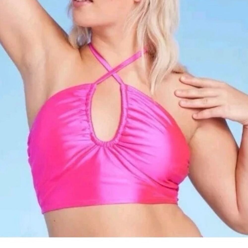 Juniors Longline Wrap Halter Bikini Top Wild Fable Pink Shine Size M NEW‎